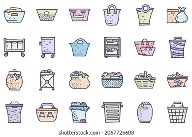 Juego de iconos simple de doodle vectorial de la cesta de lavado