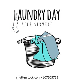 Laundry basket, colored clothes and clothespins. Hand drawn vector illustration.