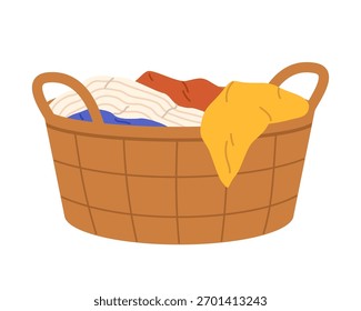 Cesta de lavandería con ropa colorida. Ilustración aislada de Vector plano