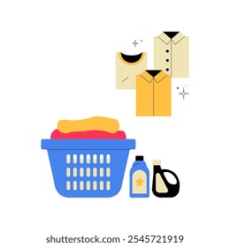 Laundry Basket With Detergent And Clothes In Flat Vector Illustration Symbolizing Laundry Services, Household Chores, And Cleanliness, Isolated On White Background.