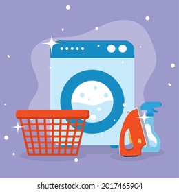 Laundry basket detergent iron and washer machine on purple background