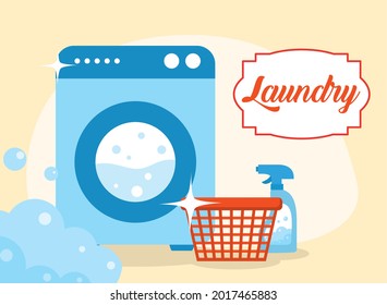 Laundry basket detergent and washer machine on orange background