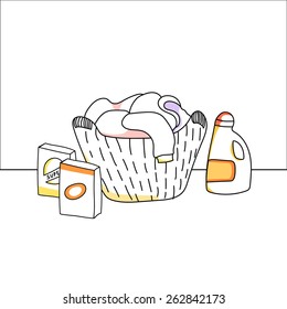 Laundry basket, detergents, vector illustration