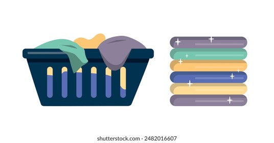 Laundry basket with dirty and clean clothes isolated on white background. Vector stock