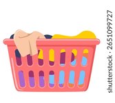 Laundry basket with dirty clothes in flat style vector illustration. Simple red plastic laundry basket cartoon style,