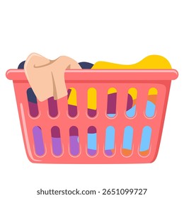 Cesta de lavandaria com roupas sujas em ilustração de vetor de estilo plano. Simples vermelho plástico lavanderia cesta estilo cartoon,