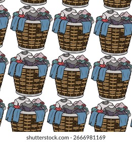 Laundry basket with dirty clothes in flat style vector illustration. Hand drawn doodle. Cute vector illustration isolated on white background. Laundry basket containing dirty clothes set. 