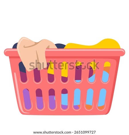 Laundry basket with dirty clothes in flat style vector illustration. Simple red plastic laundry basket cartoon style,