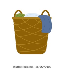 Laundry basket filled with clean clothes resting in a cozy laundry room