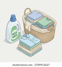 Cesta de roupa com roupas dobradas e detergente garrafa vetor ilustração