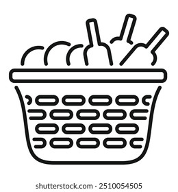 Laundry basket full of dirty clothes, with bottles of detergent sticking out, line art icon