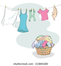 Laundry in Basket and hanging on Washing Line - grouped and layered easy to edit