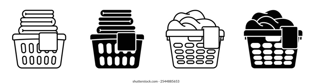 Laundry basket icon collection in black and white filled and solid vector style.