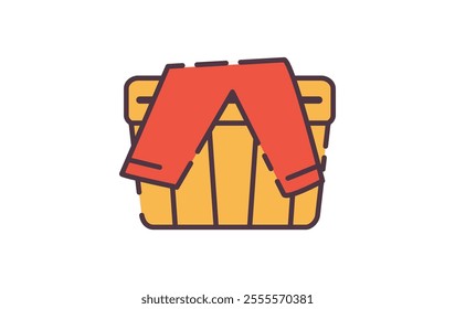 Laundry basket icon illustration. Flat line color icon of a simple illustration of a laundry basket with folded red pants. Colored outline icon.
