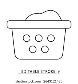 Laundry basket icon in minimal line style with editable stroke. Washing container, home cleaning symbol, laundry item for housework visuals, textile care, domestic routine and household task design.
