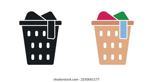 Laundry basket icon set in black and colored version
