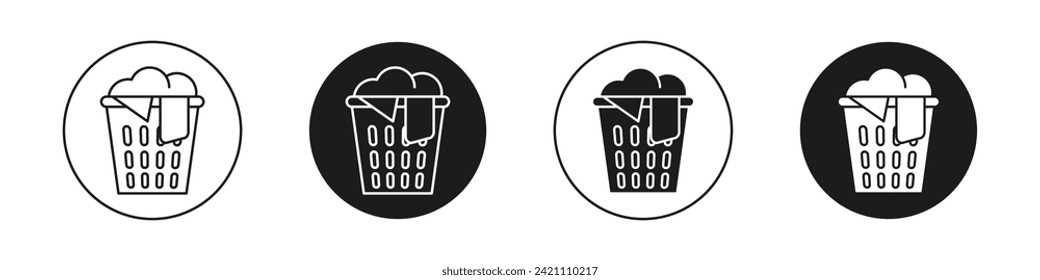 Laundry basket icon set. Dirty clothes washing vector symbol in a black filled and outlined style. Pile of laundry wash sign.
