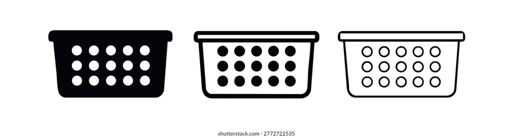 Laundry Basket Icon Set. Outline and glyph vector symbols for a clothes hamper or washing basket, isolated on white background.