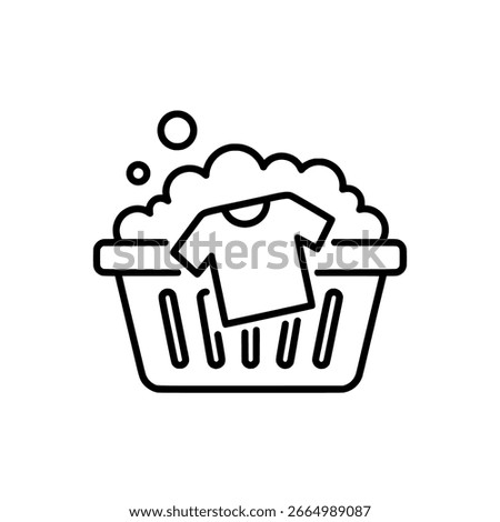Laundry Basket Icon with Soap Suds and T-Shirt – Line Style Illustration