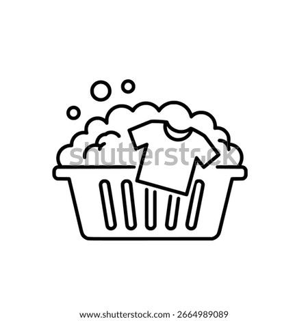 Laundry Basket Icon with Soap Suds and T-Shirt – Line Style Illustration