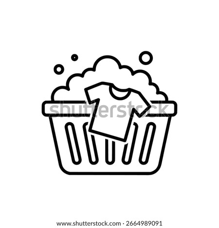 Laundry Basket Icon with Soap Suds and T-Shirt – Line Style Illustration
