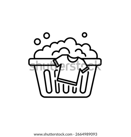 Laundry Basket Icon with Soap Suds and T-Shirt – Line Style Illustration