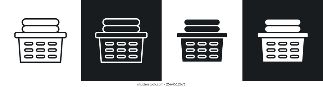 Laundry basket icons collection in black filled and line style.