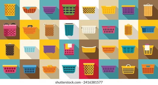 Laundry basket icons set flat vector. Clothes dirty. Pile fold wicker
