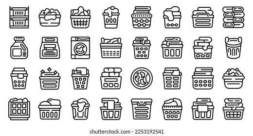 Laundry basket icons set outline vector. Clothes dirty. Wash fold