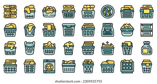 Laundry basket icons set outline vector. Clothes dirty. Wash fold thin line color flat on white