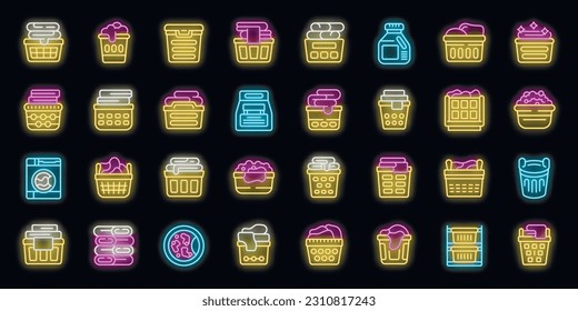 Laundry basket icons set outline vector. Clothes dirty. Wash fold neon color on black