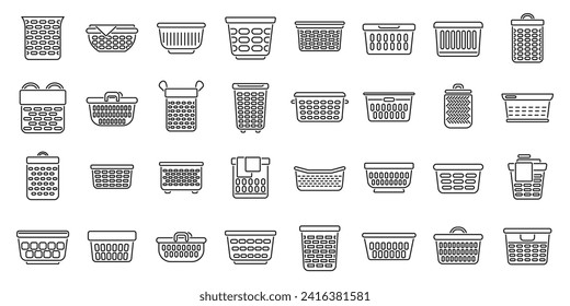 Laundry basket icons set outline vector. Clothes dirty. Pile fold wicker