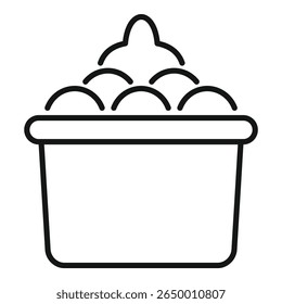 Laundry basket overflowing with clothes soaking, waiting for the washing machine, in a simple black and white line art vector illustration
