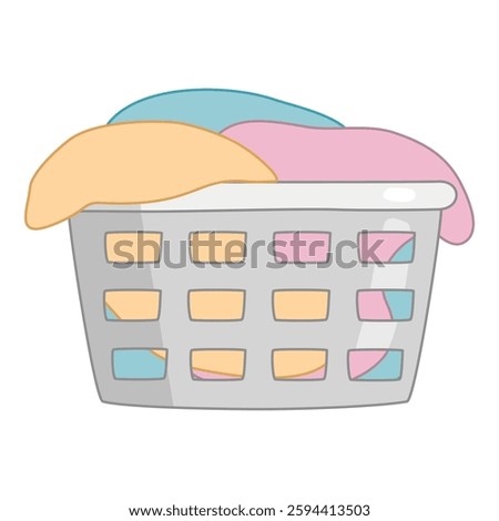 Laundry basket overflowing with colorful clothes waiting to be washed, doodle style vector