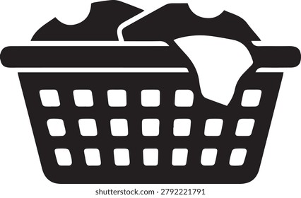 Laundry basket silhouette vector icon, black solid clothes hamper symbol filled with shirts for household washing chores, dry cleaning service layout.