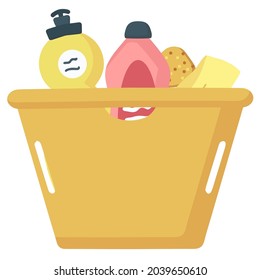 Laundry basket and storage of small things, cleaning products for restoring order, home comfort, restoring order in the house. Cute cartoon illustration. A flat vector set.