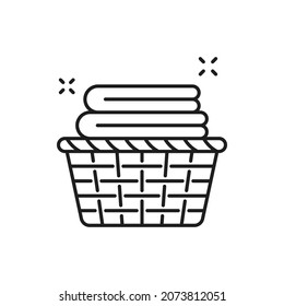 Laundry Basket With Towels Isolated Thin Line Icon. Vector Stack Of Folded And Rolled Cloth For Washing And Cleaning, Wicker Basket With Clean Cotton Towels. Spa And Bathroom Objects, Toiletries