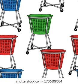 Laundry basket vector seamless pattern, basket for clean linen, clothes, isolated on white background