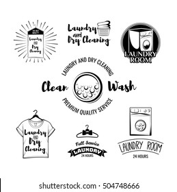 The Laundry basket. Washing Machine. A Clothes hanger. The t-shirt. Sportive T-Shirt. Case For Clothes. Iron. Dry cleaning. Labels and Badges Set. Illustration Vector Laundry room logo