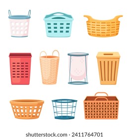 Laundry baskets. cartoon minimalistic clothes washing plastic containers collection, domestic detergent concept. vector cartoon flat items set.