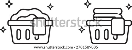 Laundry baskets with clean folded clothes and towels outline vector icons for home organization and chores.