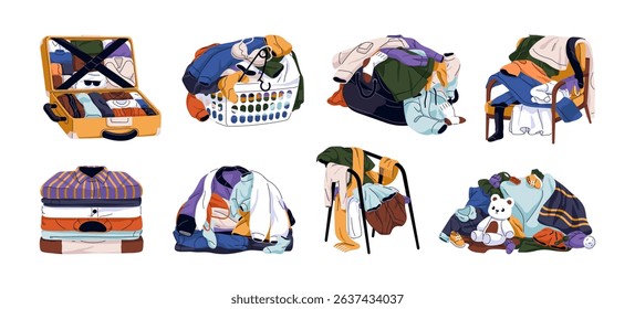 Laundry baskets of dirty clothes set. Heap of messy wearings is on chairs. Chaos and mess in wardrobe. Neatly folded shirts, packed suitcase. Flat isolated vector illustrations on white background
