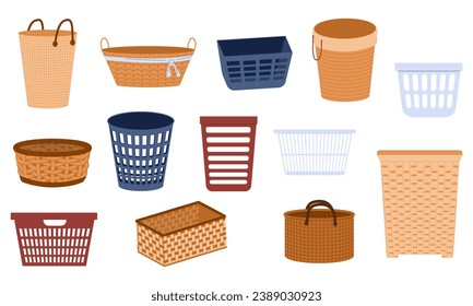 Laundry baskets. Empty jute woven plastic buckets, bin bags and woven rattan baskets for washing and cleaning. Vector laundry bin set. Containers for dirty clothes os different shapes