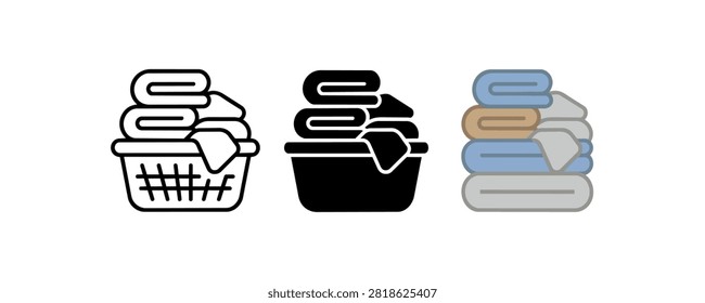 Laundry baskets with towels icon set: line, solid, and colorful styles.
