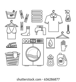 Laundry Black Thin Line Set. Washing and Ironing Housework for Web Design. Vector illustration
