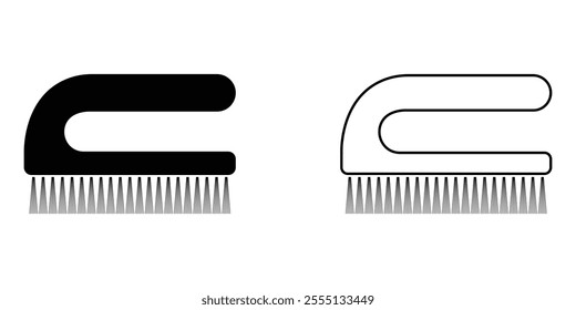 Laundry brush vector icon set. Cleaning tool for washing clothes. Cloth scrubbing brush symbol. Household cleaning equipment pictogram. Black silhouette isolated on white background.