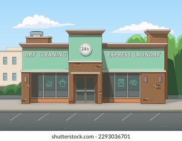 Laundry building. Brick building, exterior, architecture. Laundry shop, advertising sign, showcase. Sunny summer cityscape. Street with green trees, sidewalk, parking. Vector illustration.