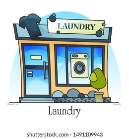 Laundry Building With T-shirt And Washing Machine. Self-service Laundromat Structure Facade. Cloth Cleaning Construction, Exterior View. Architecture And Laundrette, Cityscape Theme