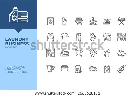Laundry business icons set. Featuring washing machine, detergent, hanger, basket, and clothing care symbols for cleaning services. EPS vector. For project design.