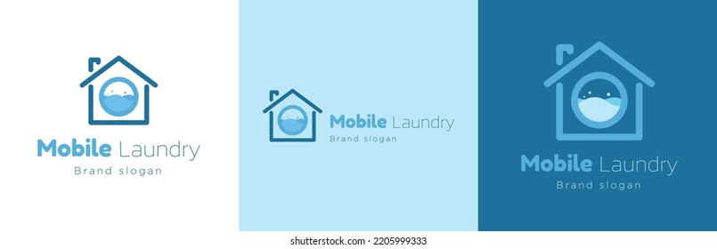 Laundry business logo design set, clothing washing service symbol, mobile wash machine emblem concept, textile cleaning store editable commercial logotype, isolated on background